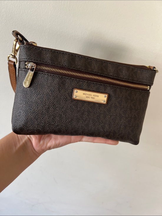 Michael Kors Handbags - Michael Kors Dark Brown Logo Zip Wristlet with Gold Hardware